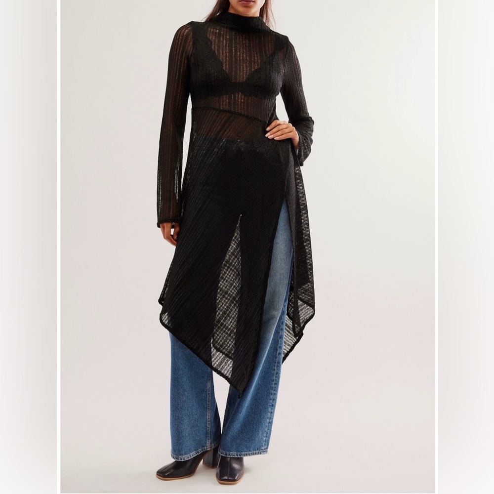 FREE PEOPLE Sheer Black Asymmetric Long Sleeve Walk In The Park Maxi Dress SMALL
